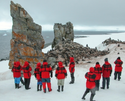 Die erste Anlandung der Expedition erfolgte am 11. November 2002 auf Half Moon Island auf den Südlichen Shetland-Inseln. Es ist eine beeindruckende Gegend mit flechtenbewachsenen Felsformationen, und die dort lebenden Zügelpinguine sind überall auf der Insel zu finden. (CREDIT: John Chardine/Hurtigruten Expeditions)
