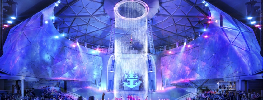 Im Aqua Dome der Star of the Seas können Gäste einen Rundum-Meerblick, einen 17 Meter hohen Wasserfall, Restaurants, Bars und die Aqua-Shows der Kreuzfahrtgesellschaft im hochmodernen AquaTheater geniessen (Rendering Royal Caribbean)