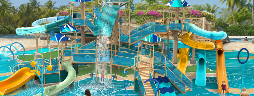 Im Sommer 2026 wird die Privatinsel Great Stirrup Cay der Norwegian Cruise Line auf den Bahamas auch einen 9.000 Quadratmeter großen Wasserspielbereich für Kinder im Great Tides Waterpark mit acht Minirutschen und einem überdimensionalen Kippeimer sowie weiteren interaktiven Wasserattraktionen bieten (Rendering Norwegian Cruise Line)