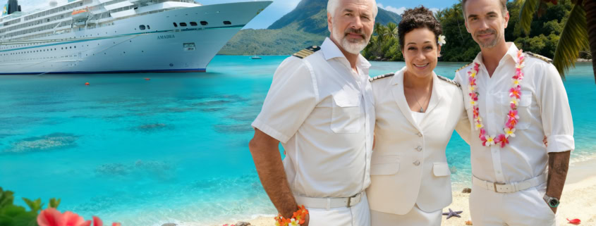 Traumschiff-Crew: v.l.: Staff-Kapitän Martin Grimm (Daniel Morgenroth), Hanna Liebhold (Barbara Wussow) und Kapitän Max Parger (Florian Silbereisen) (Foto ZDF/Bartling)