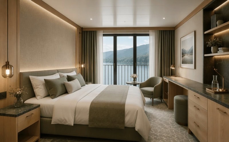 MS Thurgau Arva (2028): Warme Holztöne und natürliche Materialien, inspiriert von der Arve, prägen das Interieur des Neubau (Rendering Thurgau Travel)